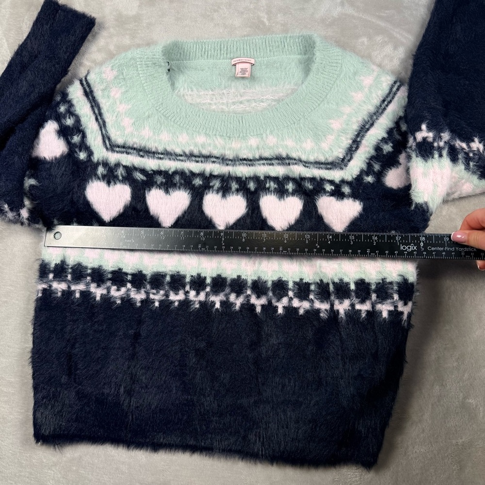 Victoria’s Secret Fuzzy Heart Fair Isle Sweater Mint Small Cozy Soft - Picture 7 of 8